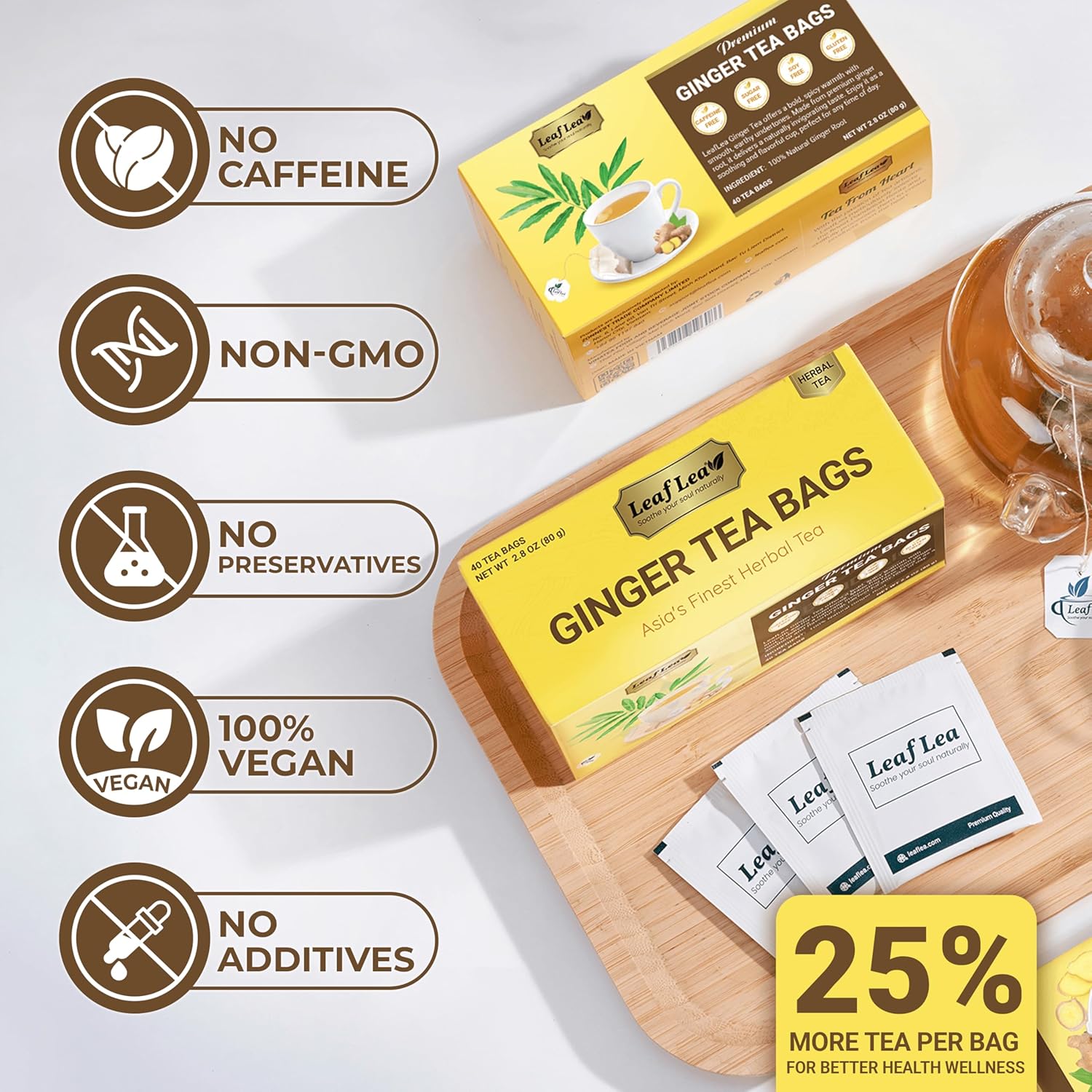 LeafLea 120 Ginger Tea Bags, 100% Pure Ginger Root Herbal Tea, Spicy & Warming Flavor, Supports Digestion & Immune Health, Individually Wrapped, Caffeine-Free, Sugar-Free, Gluten-Free, Non-GMO, Vegan