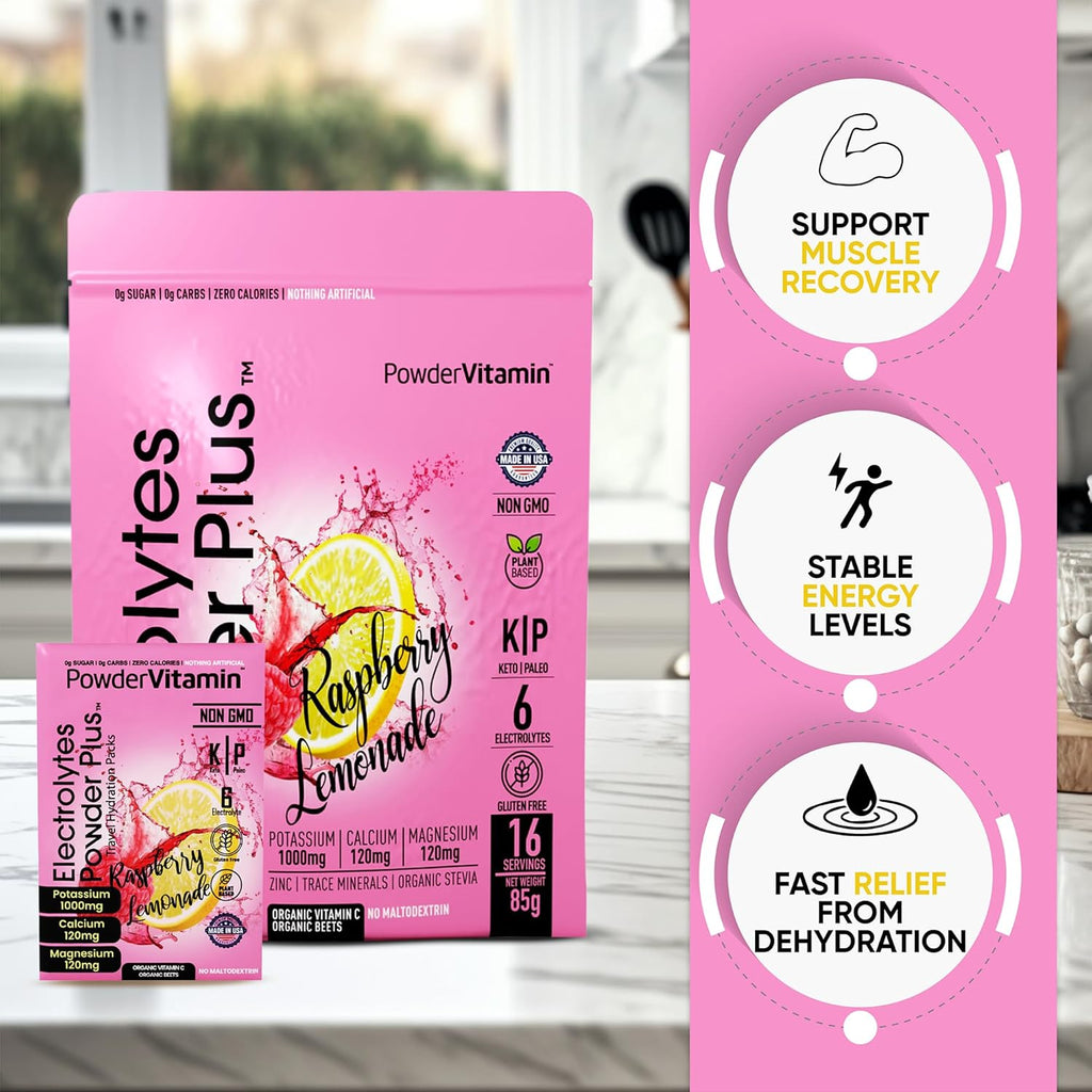 PowderVitamin Electrolytes Powder Plus, Keto, Raspberry Lemonade, Sugar Free, Pink Himalayan Salt, 1000mg Potassium, 120mg Calcium, 120mg Magnesium, Non-GMO, Zero Calories, (16 Hydration Packets)