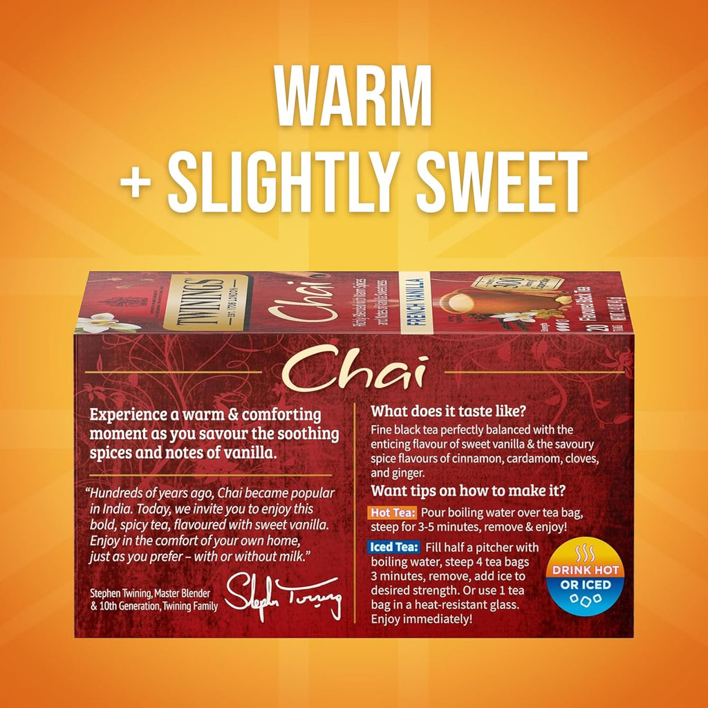 Twinings French Vanilla Chai Black Tea Individually Wrapped Bags, 20 Count (Pack of 2), Warm, Sweet & Spicy, Caffeinated, Enjoy Hot or Iced, 20 Teabags