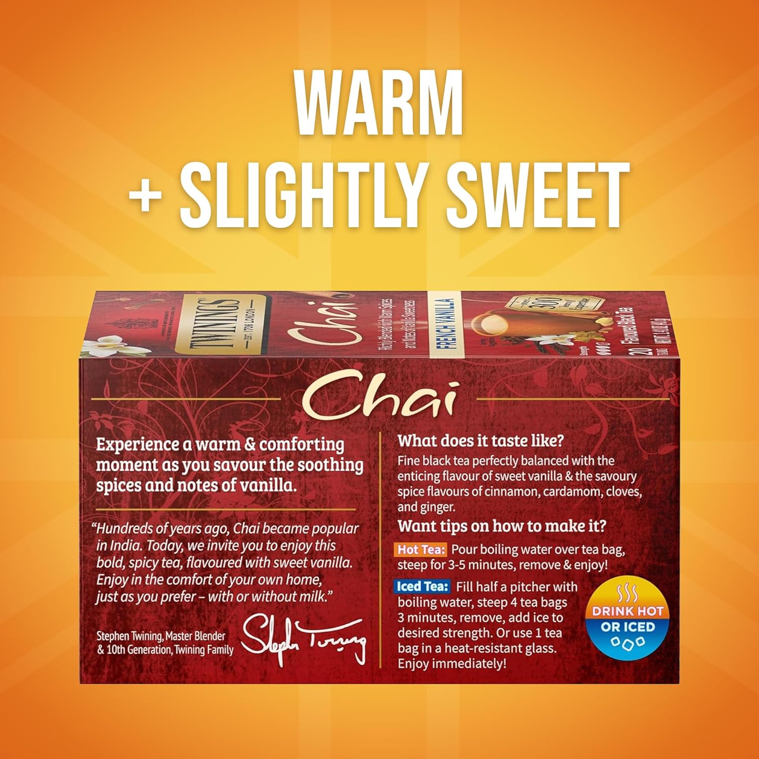 Twinings French Vanilla Chai Black Tea Individually Wrapped Bags, 20 Count (Pack of 1), Warm, Sweet & Spicy, Caffeinated, Enjoy Hot or Iced, 20 Teabags