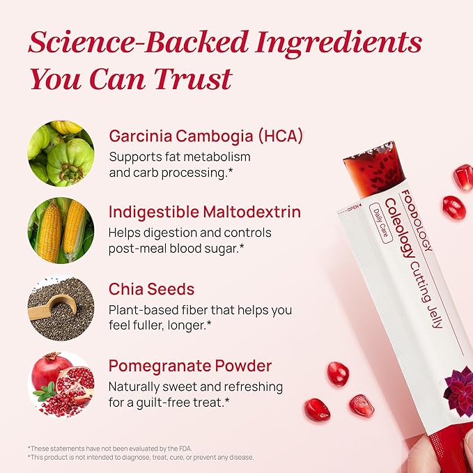 FOODOLOGY Coleology Cutting Stick Jelly – Supports Appetite Suppressant, Boost Metabolism & Control Cravings, Garcinia Cambogia HCA, Pomegranate Flavor Korean Supplement – 2 Packs of 10