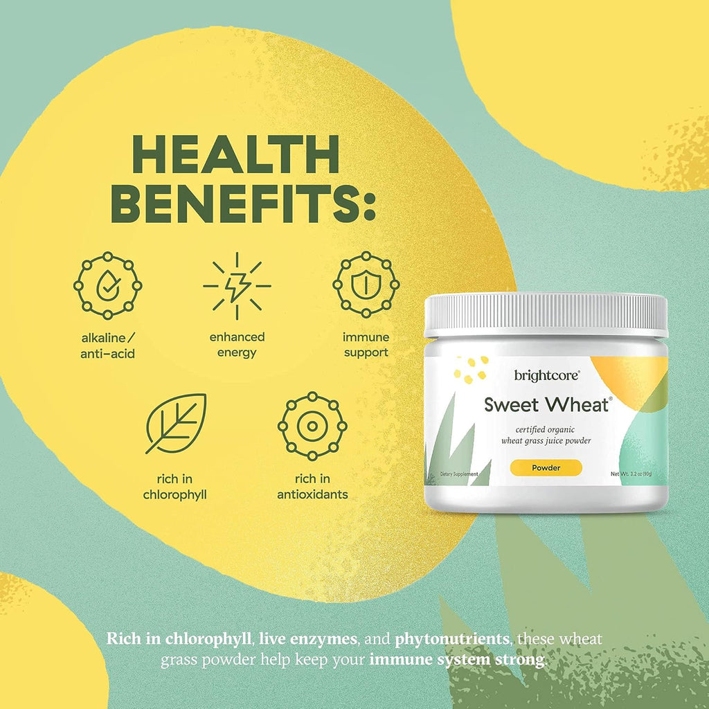 Brightcore Nutrition Sweet Wheat Wheatgrass Juice Powder, Easy-to-Mix Athletic Greens Powder for Digestive Health and Immune Boost, All-Natural Super Greens, 90 Grams