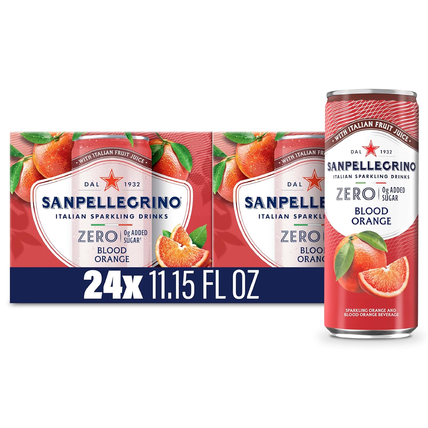 Sanpellegrino Zero Grams Added Sugar Sparkling Orange And Blood Orange Beverage, Italian Sparkling Drink, 24 Pack Of 11.15 Fl Oz Cans, San Pellegrino Italian Sparkling Drinks, Low Calorie Sparkling Fruit Beverages