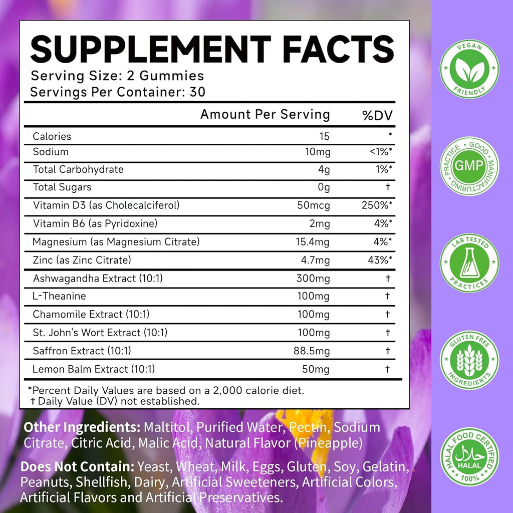 Saffron Gummies for Adult Kids, 10-IN-1 Regulate Cortisol Supplement with Saffron 88.5mg, Vitamin D3, B6, Magnesium, Zinc, Ashwagandha, L-Theanine, St. John's Wort, For Emotions, Slumber, 120 Count