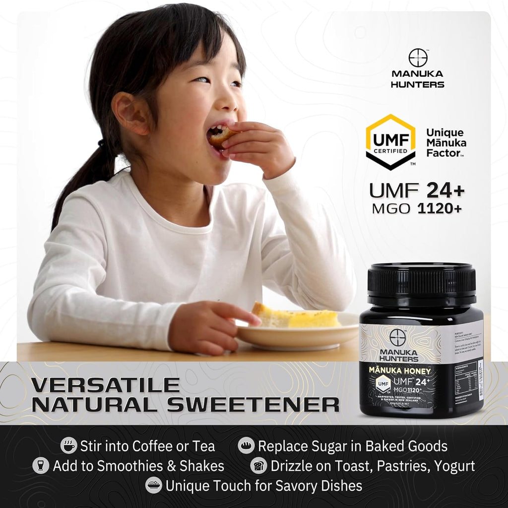Manuka Hunters UMF 24+/MGO 1120+ Certified New Zealand Manuka Honey - 100% Pure Natural Sweetener - Gluten, Dairy Free - Ideal for Tea, Coffee, Smoothies, and Baking - Sustainable - 8.8oz/250g Jar