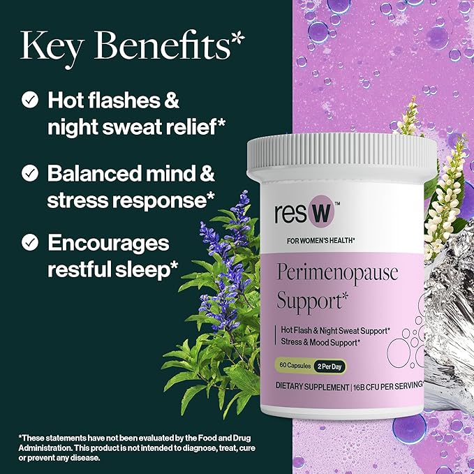 resW Perimenopause Postbiotic Supplement for Women - Hot Flash Support, Night Sweat Relief, Hormone Free, Vegan, Gluten Free, Non GMO, Plant Based Gut Health Support - 60 Capsules