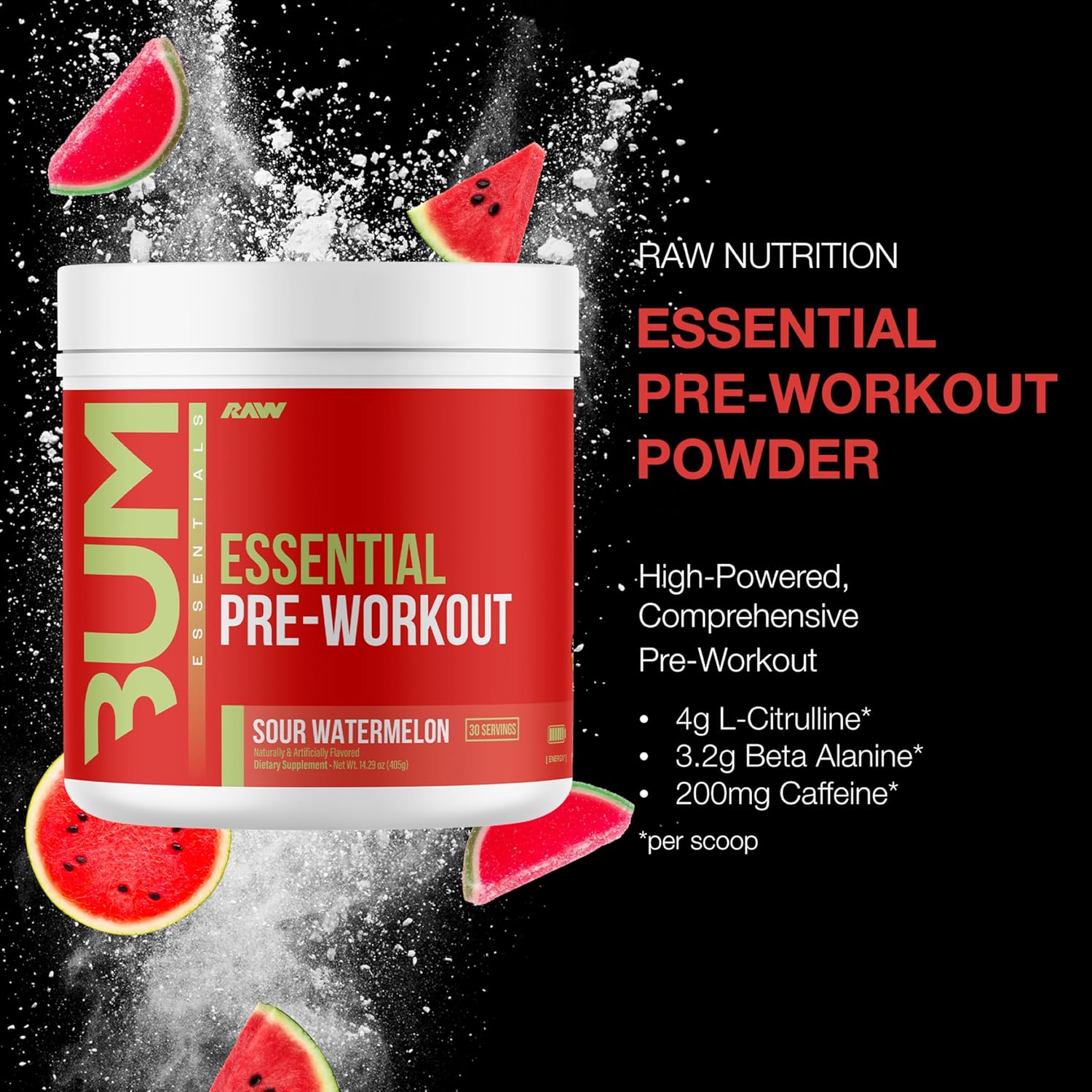 RAW Essential Pre-Workout Powder (Sour Watermelon) - Chris Bumstead Sports Nutrition Supplement for Men & Women - Preworkout Energy Powder with Caffeine, L-Citrulline & Beta Alanine Blend - 2-Pack