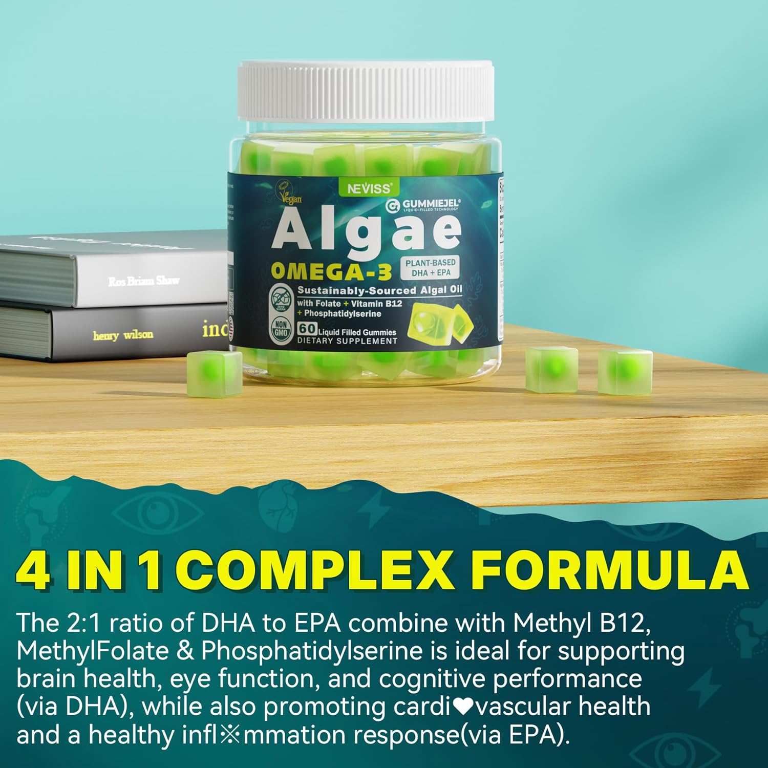 Algae Omega 3 Gummies 1000mg, Plant Based DHA 460mg & EPA 230mg, Omega 3 Fish Oil Alternative for Adults, Plus MethylFolate, Vitamin B12, Phosphatidylserine, No Fishy Taste, Vegan, Sugar Free, 60 Cts