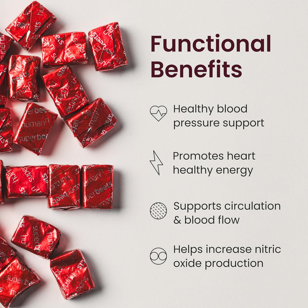 HumanN SuperBeets Heart Chews, Nitric Oxide and Blood Pressure Support, Grape Seed Extract & Non-GMO Beet Root Powder Energy, Pomegranate Berry Flavor, 180 Count