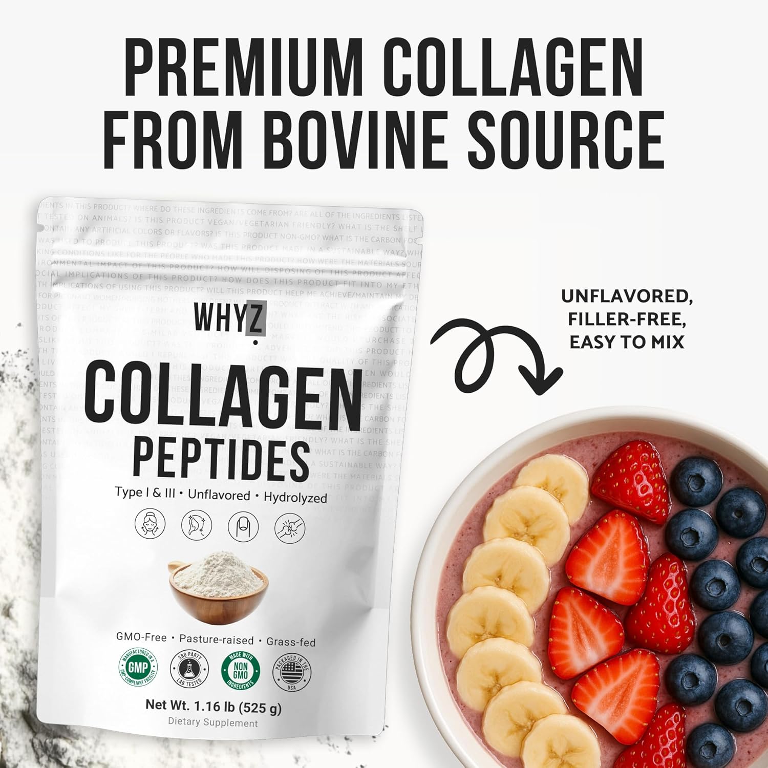 Bovine Collagen Peptides Powder Hydrolyzed Type I & III Protein, Grass-Fed Pasture-Raised Source, Unflavored Collagen Supplement Paleo-Friendly For Active Lifestyles & Wellness Non-GMO,1.16 lbs (525g)