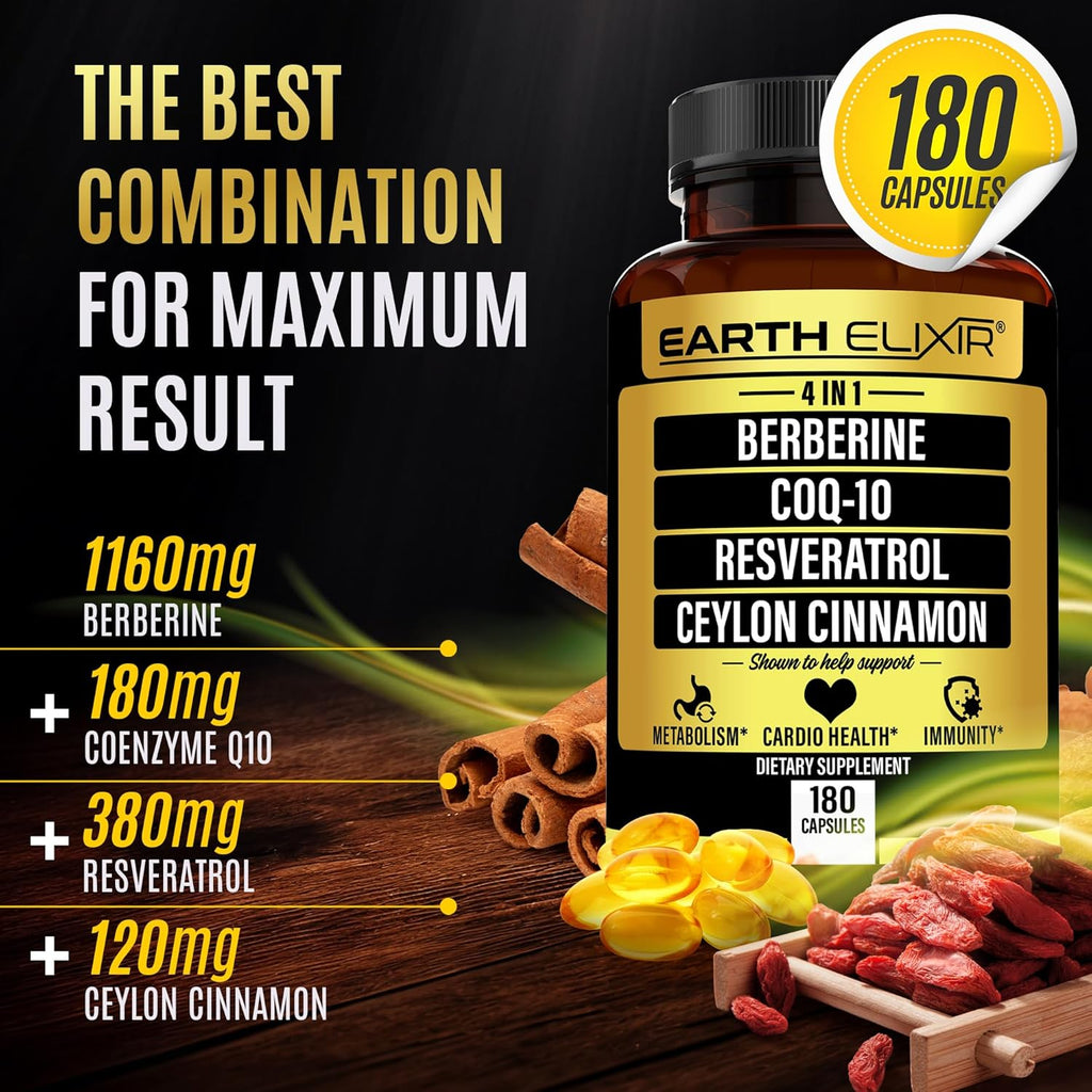 4-in-1 Berberine Supplement 1160mg (180 Caps) w/ 180mg COQ10, 380mg Resveratrol & 120mg of Ceylon Cinnamon –3rd Party Tested– Berberine w/Ceylon Cinnamon Supplements –Max Purity– CO Q 10