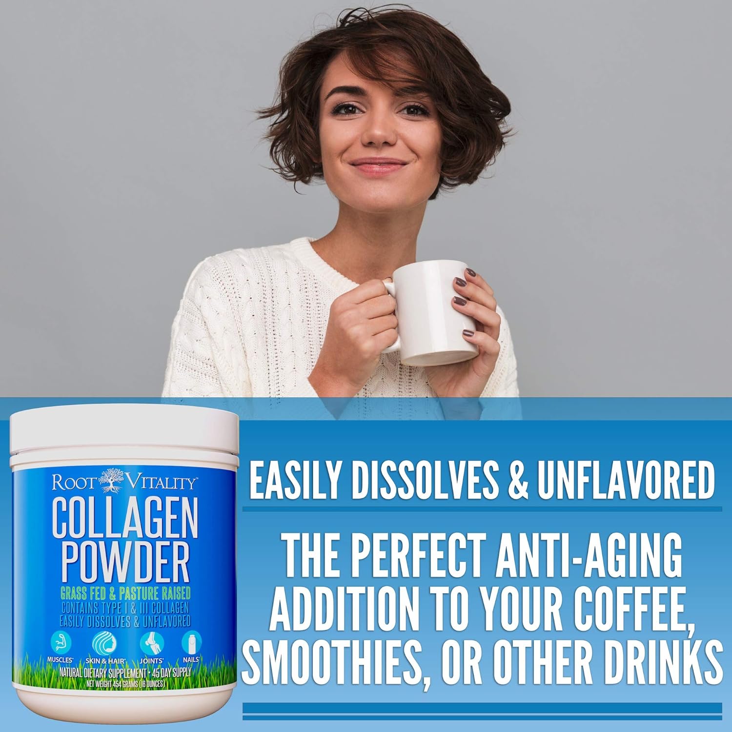 Root Vitality Collagen Peptides Powder - Grass-Fed, Pasture-Raised Hydrolyzed Protein Supplement for Skin, Hair, & Nails - Non-GMO, Zero Sugar Daily Supplement for Men & Women (45 Servings)