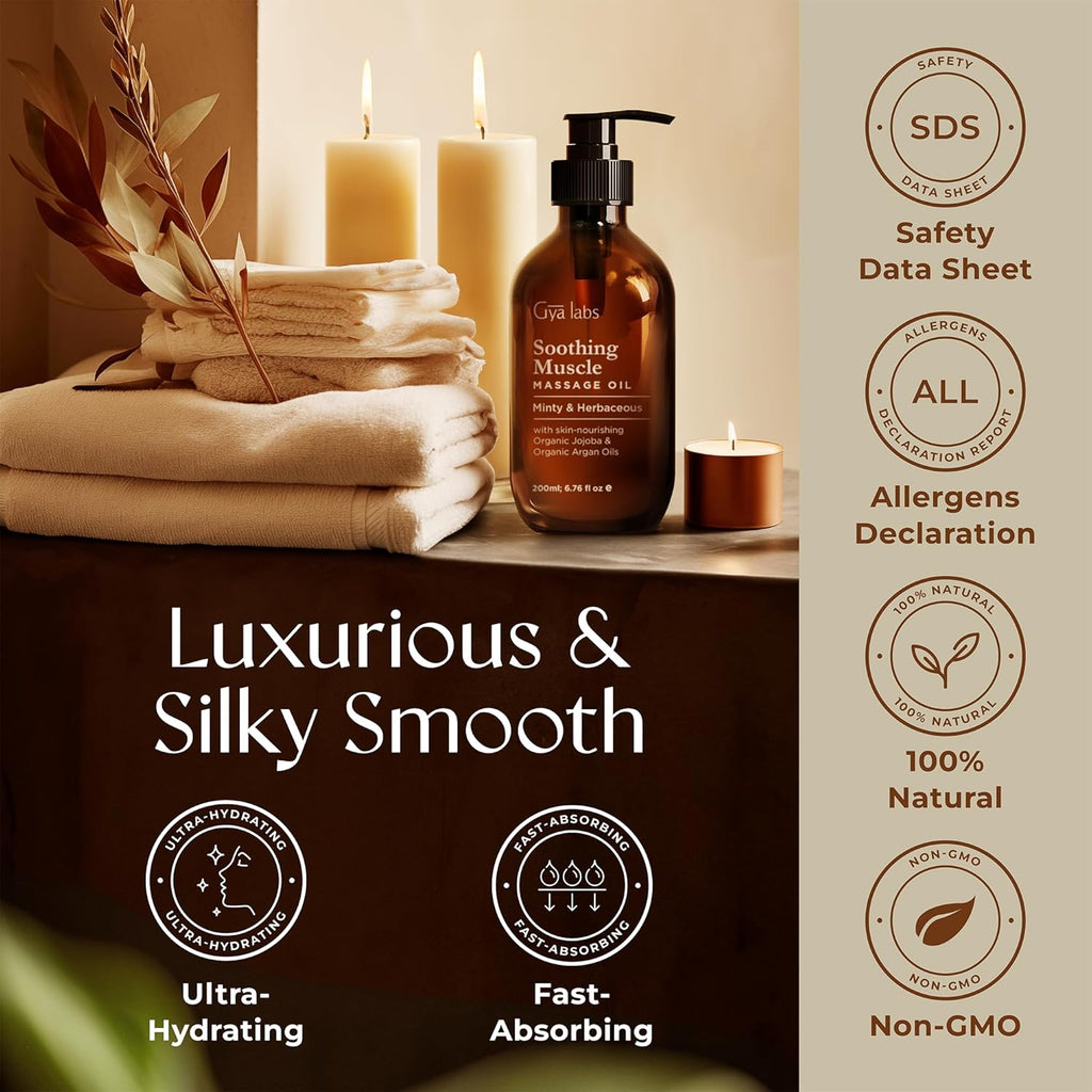 Gya Labs Soothing Massage Oil - 6.76 Fl Oz - Non-Greasy Formula for Sore Muscles, Deep Relaxation & All Skin Types - Suitable for Men & Women