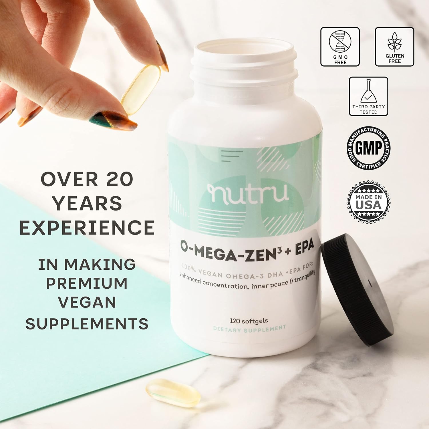 O-Mega-Zen3 +EPA Vegan Omega 3 Supplement - Fish Oil Alternative - Premium Marine Algal Based Omega-3 DHA and EPA Fatty Acids - Carrageenan Free - 120 Softgels