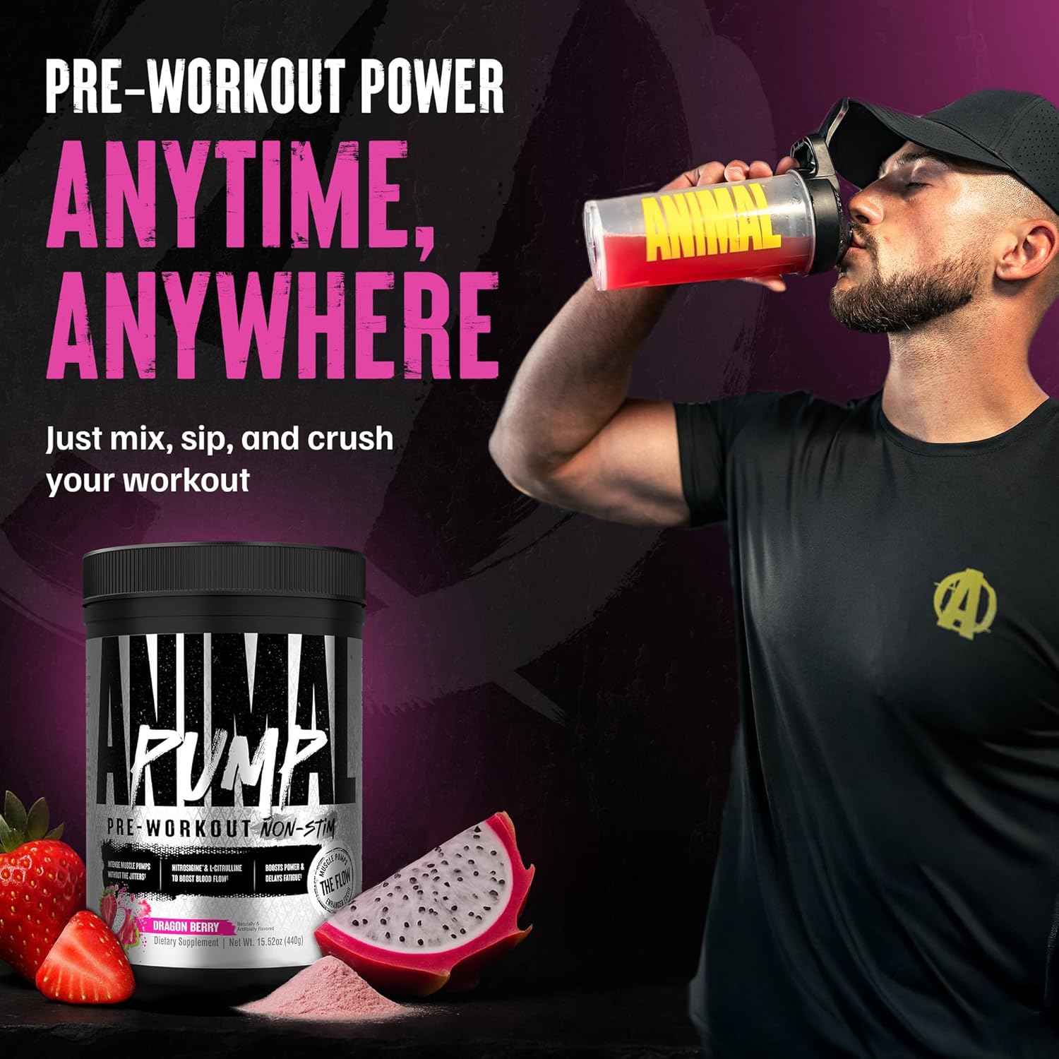 Animal Pump NS Stim-Free Pre Workout Powder for Men & Women - Caffeine-Free Preworkout for Energy, Focus, and Muscle Builder, Beta Alanine, Citrulline, Nitrosigine and Nootropics, Dragon Berry, 440g