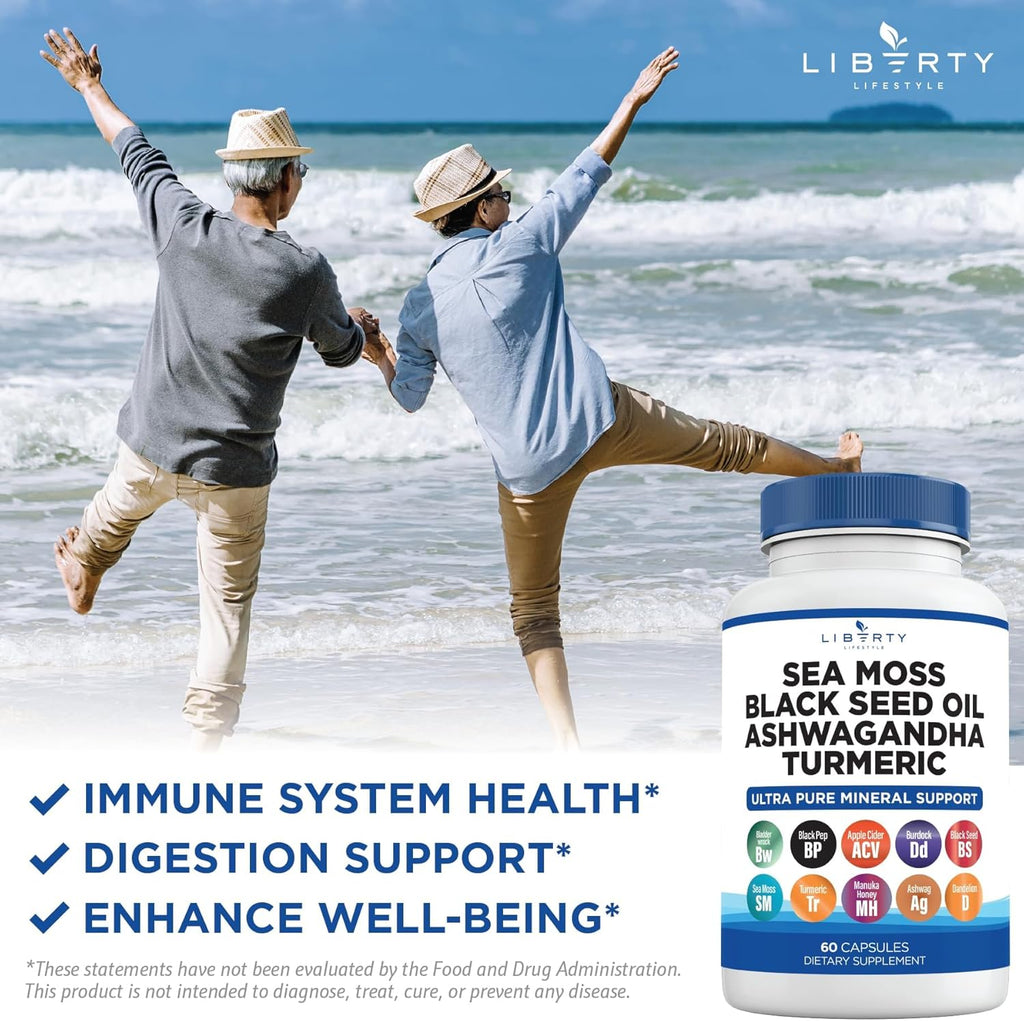 Sea Moss Black Seed Oil Ashwagandha Turmeric Bladderwrack Burdock - with Manuka, Honey Dandelion, ACV Black Pepper Gluten Free - 2-Pack