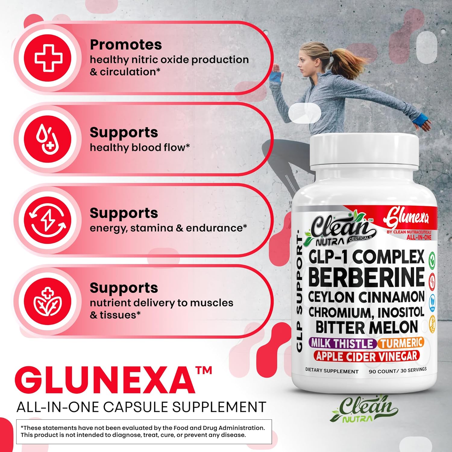 Glunexa Berberine GLP1 Support Supplements Ceylon Cinnamon Apple Cider Vinegar Chromium Myo-Inositol Bitter Melon Milk Thistle Ashwagandha Turmeric - 90 Capsules by Clean Nutra