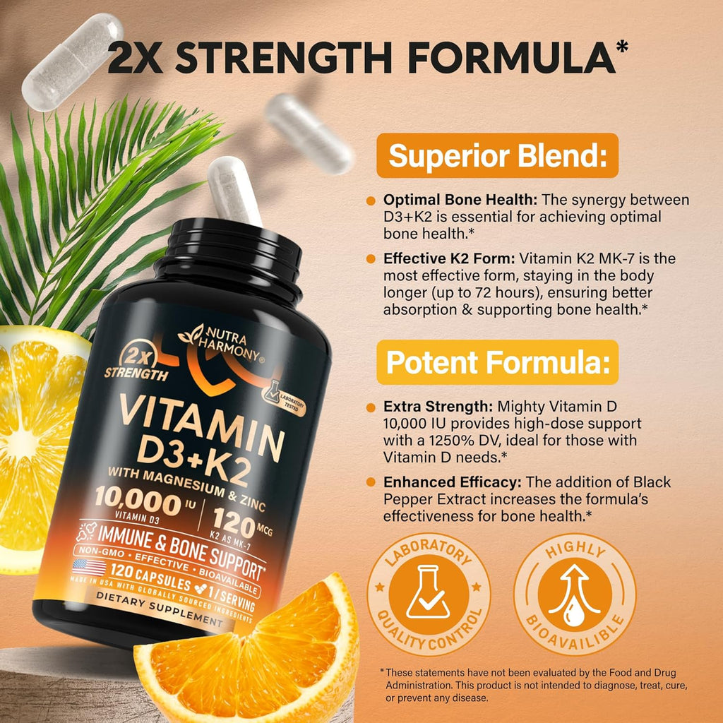 Vitamin D3 K2 - Vitamin D3 10000 iu & K2 as MK-7 120 mcg - Immune & Mood Support, for Bone & Teeth Health - with Magnesium, Zinc & Vitamin C & B12 - Highly Bioavailable - Made in USA, 120 Capsules
