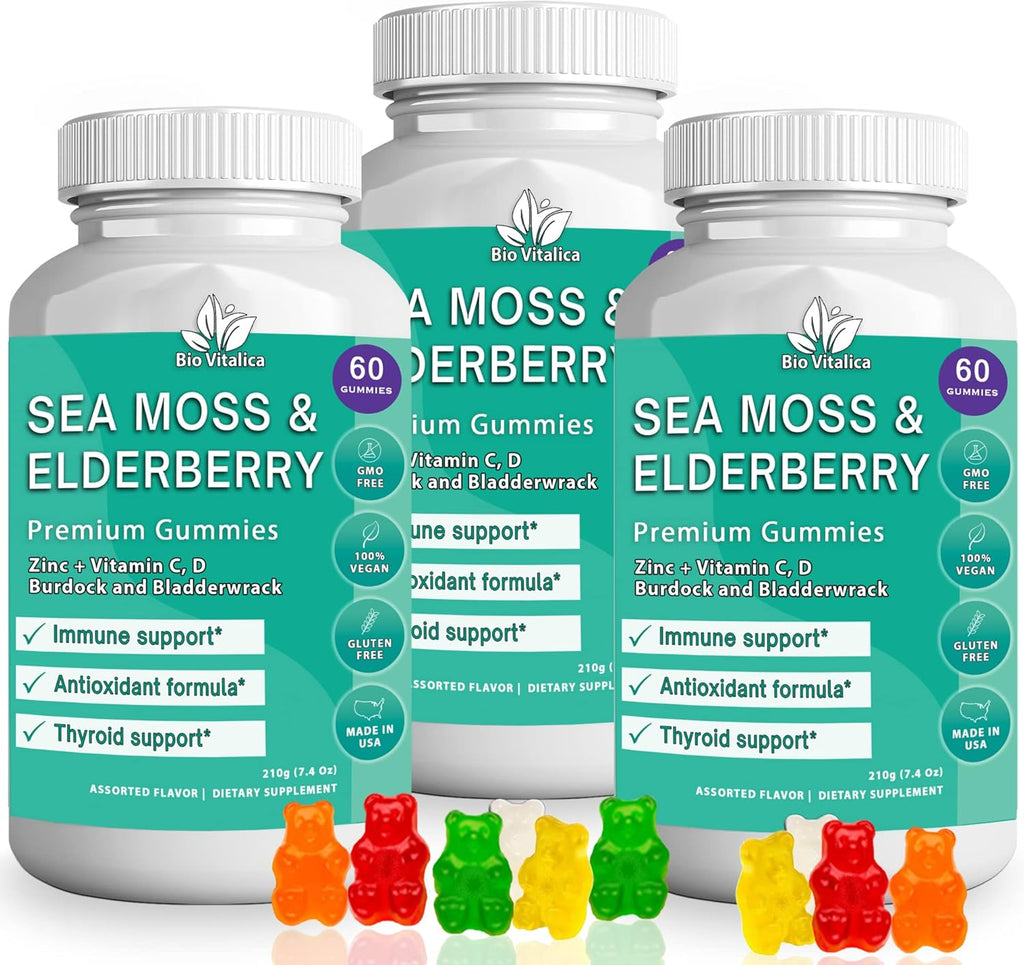 BIO VITALICA (Bundle) Sea Moss Elderberry (3 Packs) & Sea Moss Elderberry Gummies (1 Packs) BioVitalica