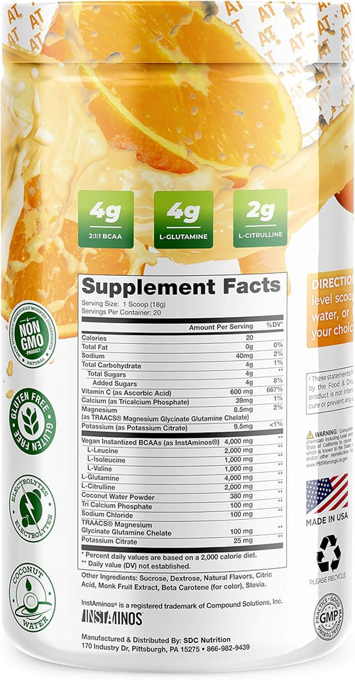 About Time BCAA Hydration Powder Orange Cream, with L-Glutamine & Electrolytes, Non-GMO, Gluten Free, Monk Fruit, Coconut Water, 20 Servings