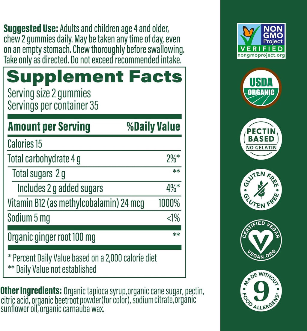 MegaFood Vitamin B12 Energy Gummies - Vegan - With Methyl B12 Vitamins to Support Cellular Energy Production - Ginger - Daily Vitamin B12 Supplement - USDA Organic - 70 Gummies, 35 Servings