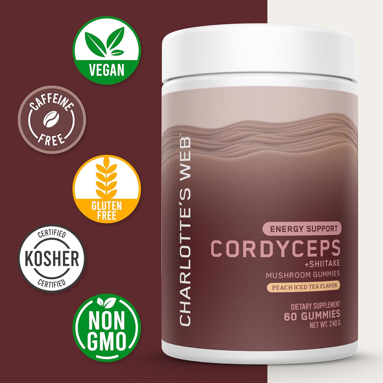 Charlotte's Web Energy Support Mushroom Gummies w/Cordyceps & Shiitake Mushrooms, Caffeine-Free Energy Supplements — Cordyceps Mushroom Gummies, Peach Iced Tea Flavor (30 Servings)