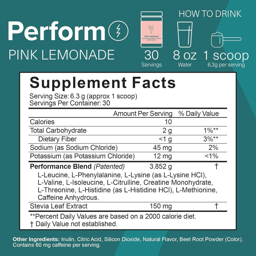 The Amino CO – Perform Pre-Workout Powder with EAAs, Stevia-Sweetened Energy Support for Men & Women – Pink Lemonade (6.7 oz)