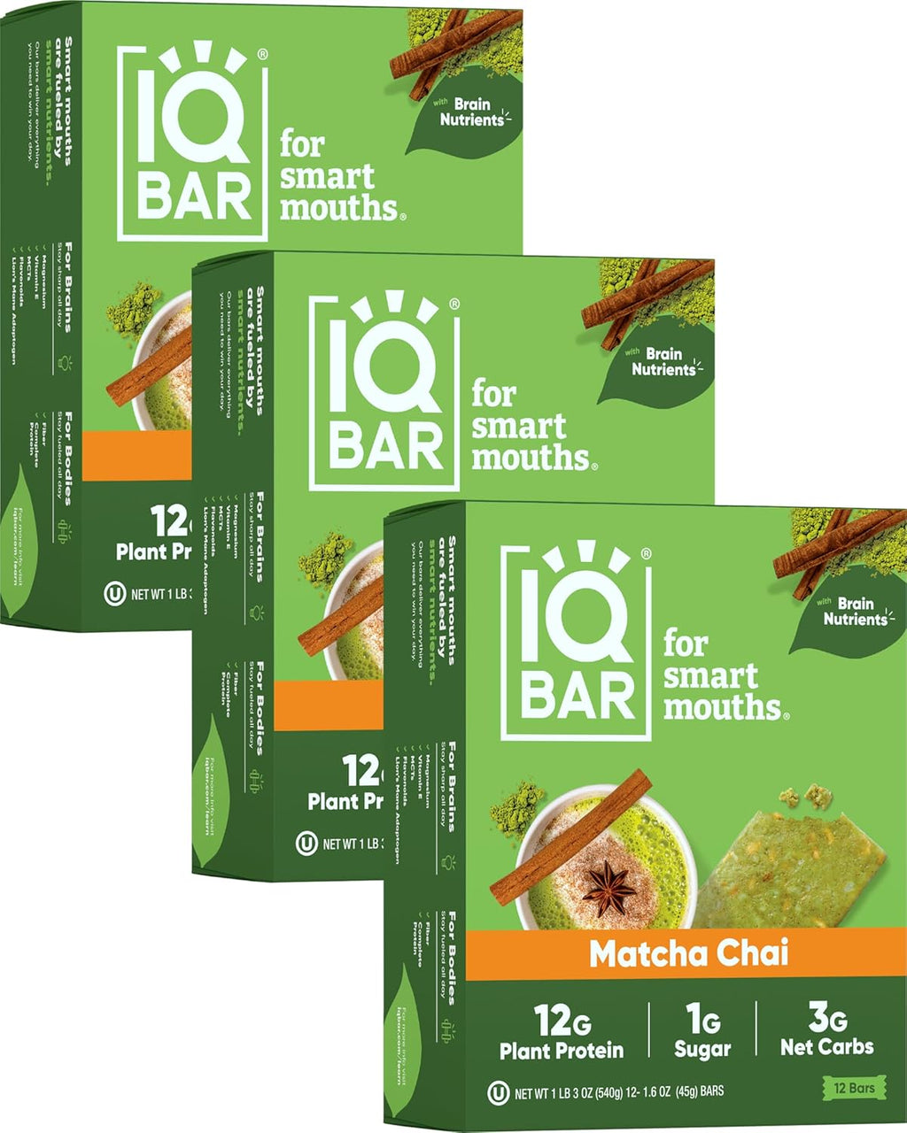 IQBAR Brain and Body Plant Protein Bars - Matcha Chai - 36-Count - Keto, Vegan, Low Carb, High Fiber, Gluten Free, Dairy Free, Low Sugar Snack with Nutrients for Focus, Energy, Meal Replacement