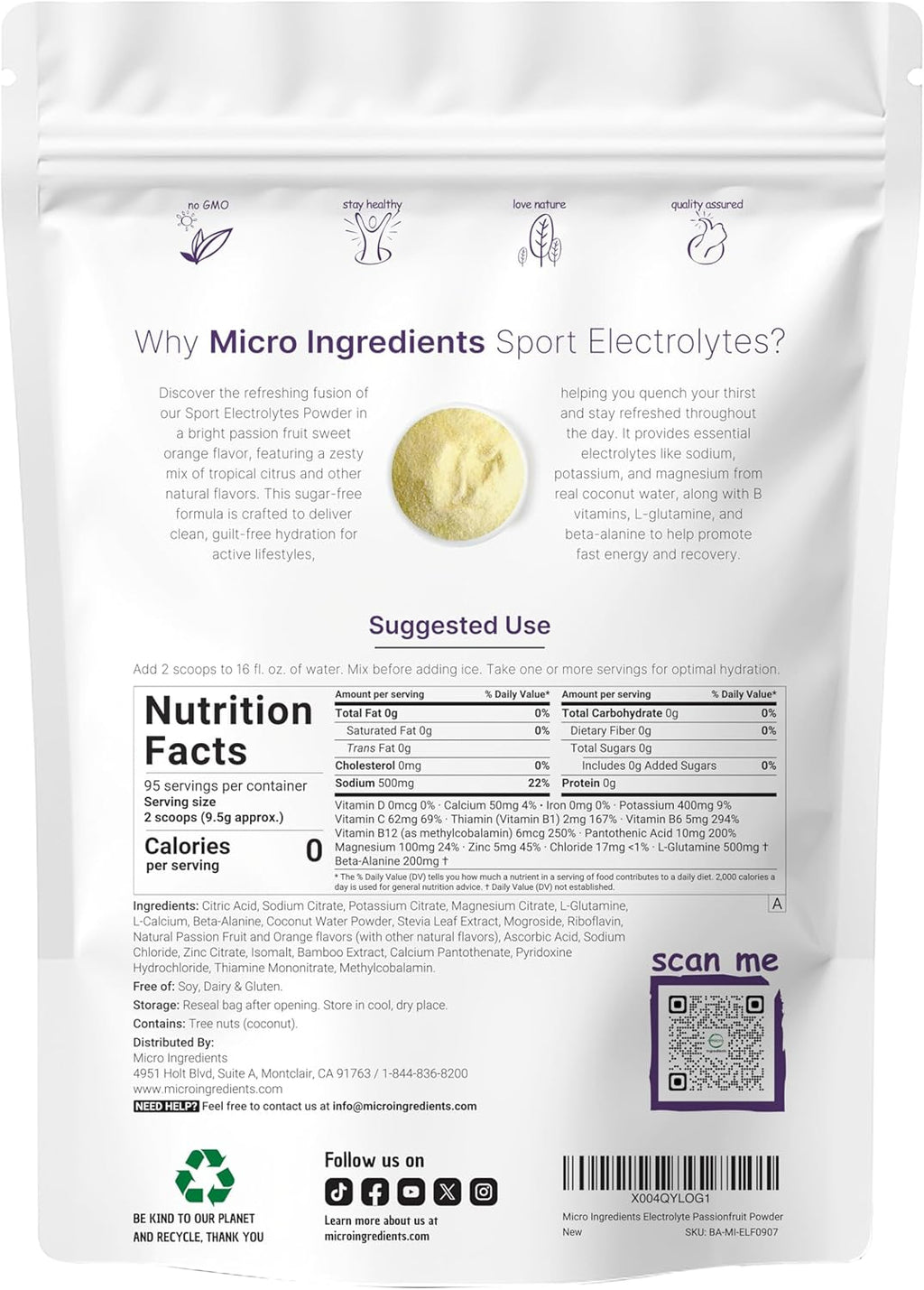 Electrolytes Powder, 2 lbs | 95 Servings | Sugar Free Workout Hydration | Potassium, Sodium, Magnesium, L-Glutamine, Beta-Alanine, & B Complex | Natural Coconut Water | Passion Fruit & Citrus Flavor