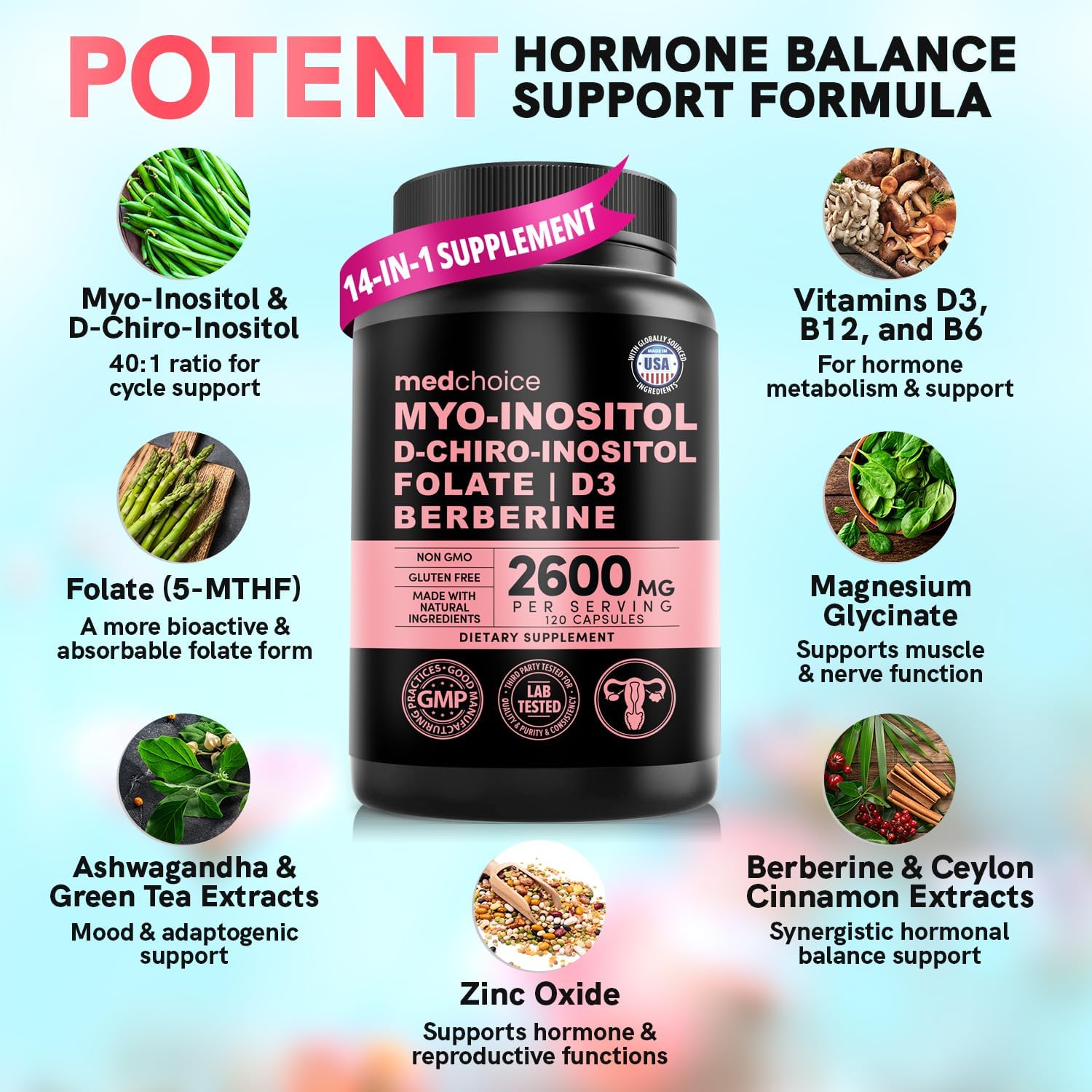 14-in-1 Inositol Supplement & Hormone Support for Women - 40:1 Myo-inositol & D-Chiro Inositol Ovarian Support Capsules for Hormone Balance with Folate, Vitamin D and B12 (120 count) (Pack of 4)