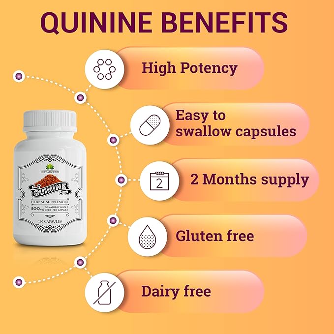 Quinine Capsules - Cinchona Officinalis Bark Herbal Supplement for Muscle, Cramp Defense and Overall Digestive Health - All-Natural Quinine Sulfate Pills, 500mg per Capsule, 160 Tablets