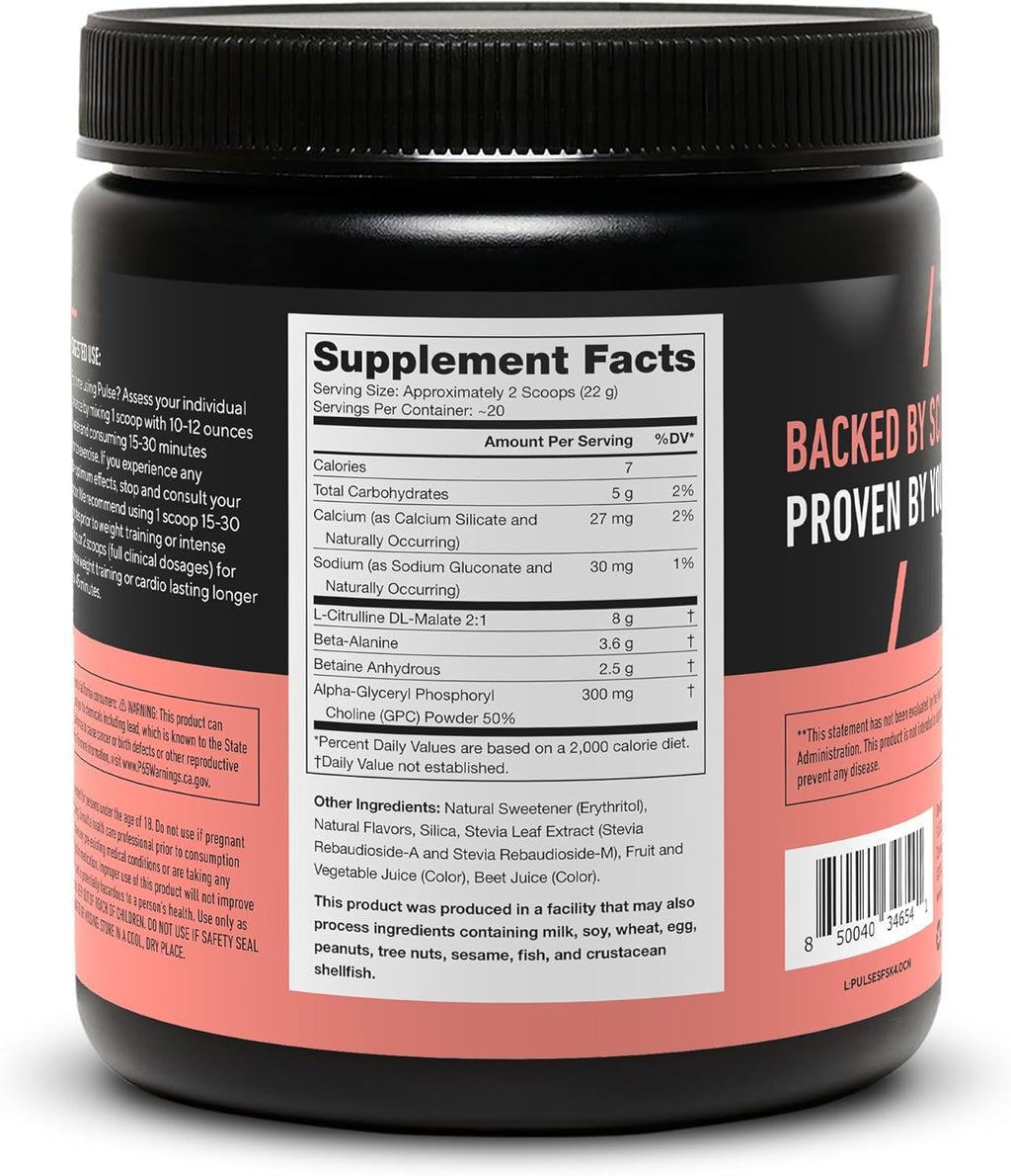 LEGION Pulse Pre Workout Supplement - All Natural Nitric Oxide Preworkout Drink Creatine Free Naturally Sweetened Beta Alanine Citrulline Alpha GPC - Caffeine Free Strawberry Kiwi Pre Workout Powder