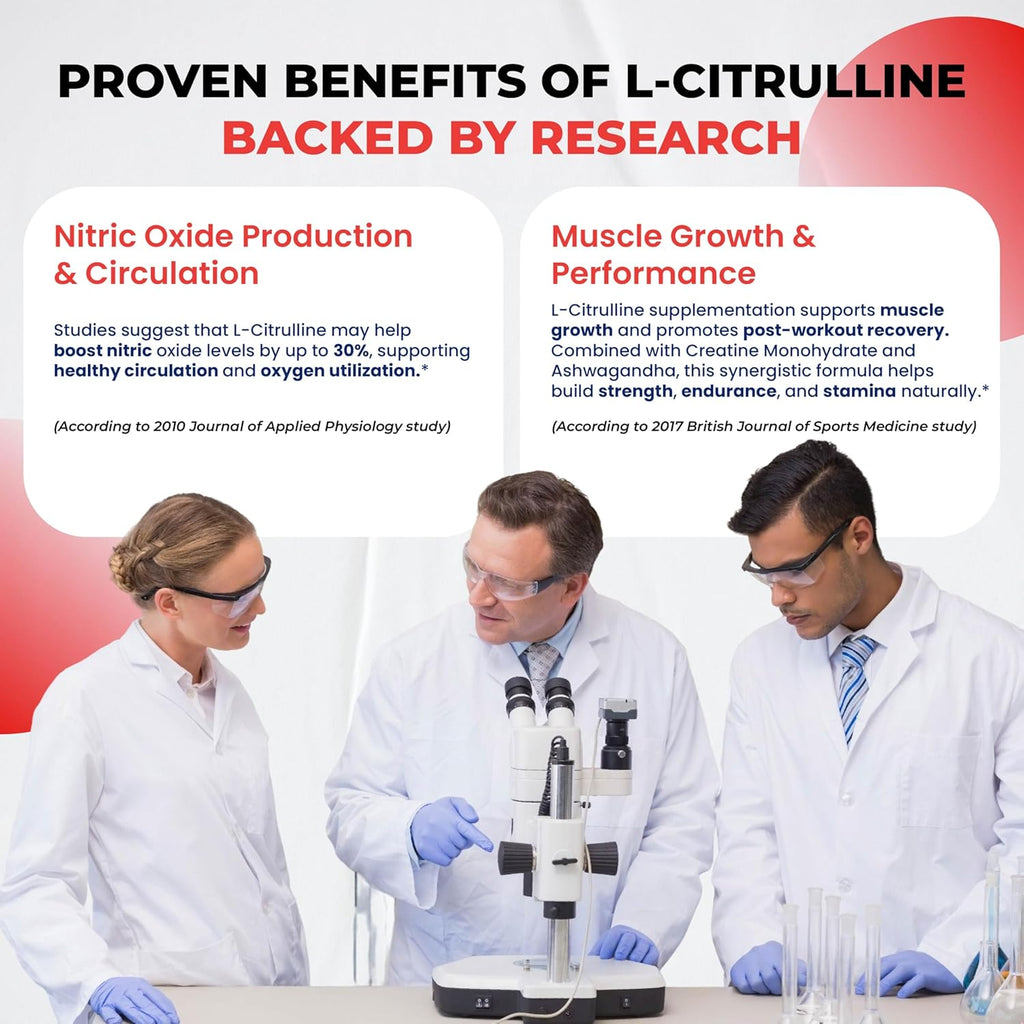 L-Citrulline Supplement Capsules Enriched with L-Arginine, Taurine, Creatine, Tongkat Ali, Fadogia Agrestis | Ultra Nitric Oxide Booster for Muscle Endurance, Stamina & Recovery | 180 Capsules