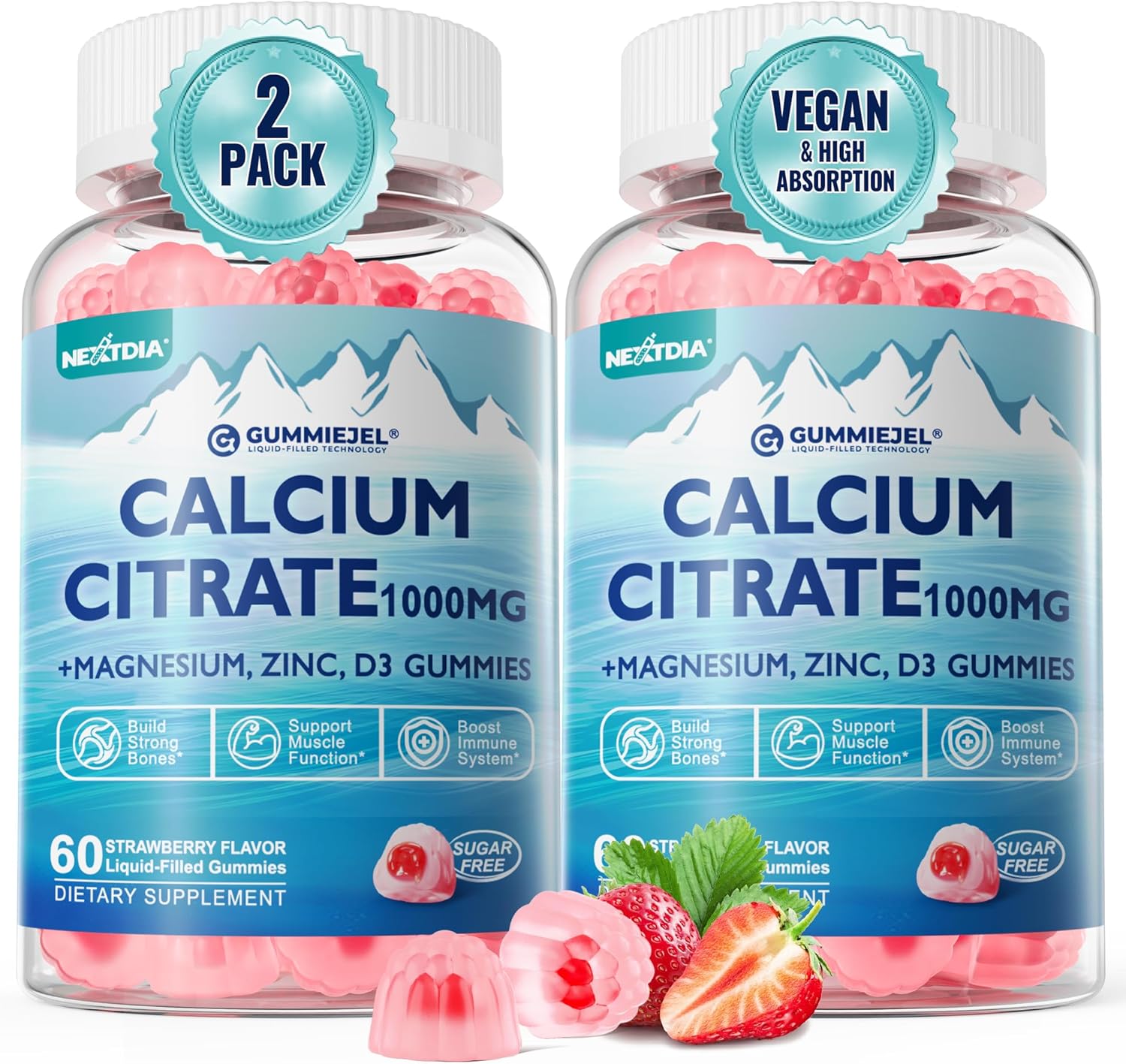 Calcium Citrate 1000mg, Calcium Gummies with Calcium & Magnesium 2:1 Ratio, Plus Vitamin D3, Zinc, B6 & Potassium – High Absorbable Calcium Chewable, Bone & Muscle Support, Vegan, Sugar-Free, 120Cts