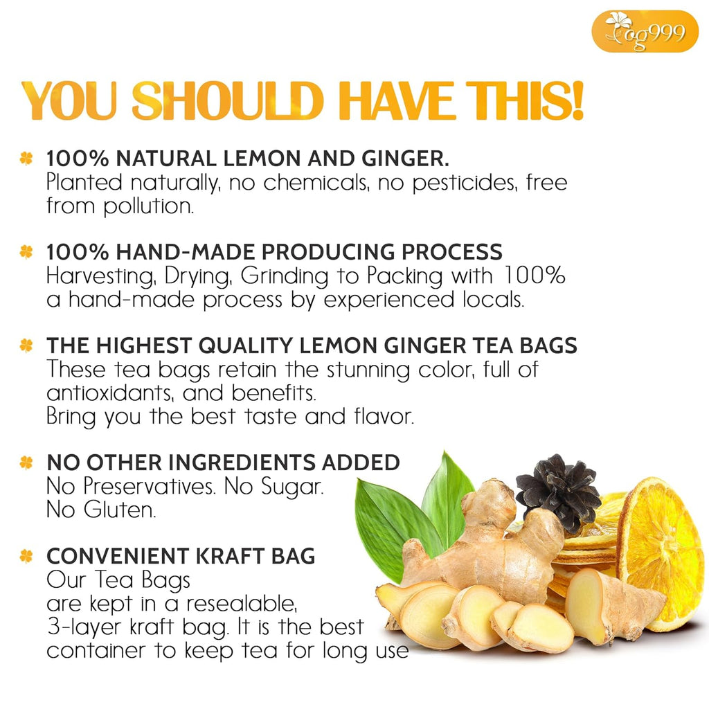TOG999, Premium Lemon Ginger Tea Bags | 60 Tea Bags | Refreshing Herbal Blend with Bright Citrus & Warming Ginger | Naturally Caffeine-Free | 100% Plant-Based, Sustainably Sourced Herbal Tea