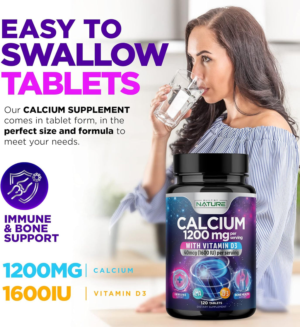 Calcium 1200mg with Vitamin D3 for Best Absorption - Advanced Bone Support Supplement, 1200 mg Calcium Carbonate & 1600 IU Vitamin D3, Slow Release for Immune Support, Easy to Swallow, 120 Tablets