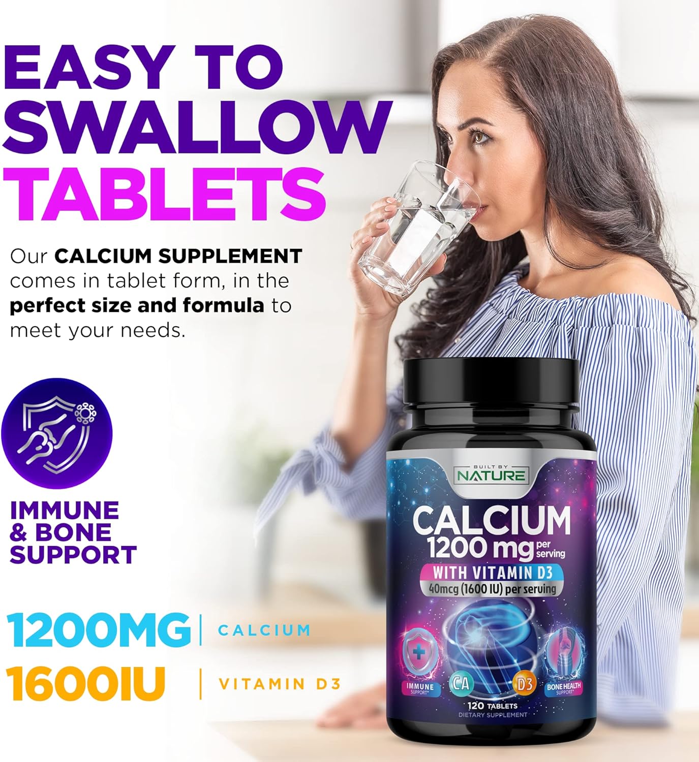 Calcium 1200mg with Vitamin D3 for Best Absorption - Advanced Bone Support Supplement, 1200 mg Calcium Carbonate & 1600 IU Vitamin D3, Slow Release for Immune Support, Easy to Swallow, 120 Tablets