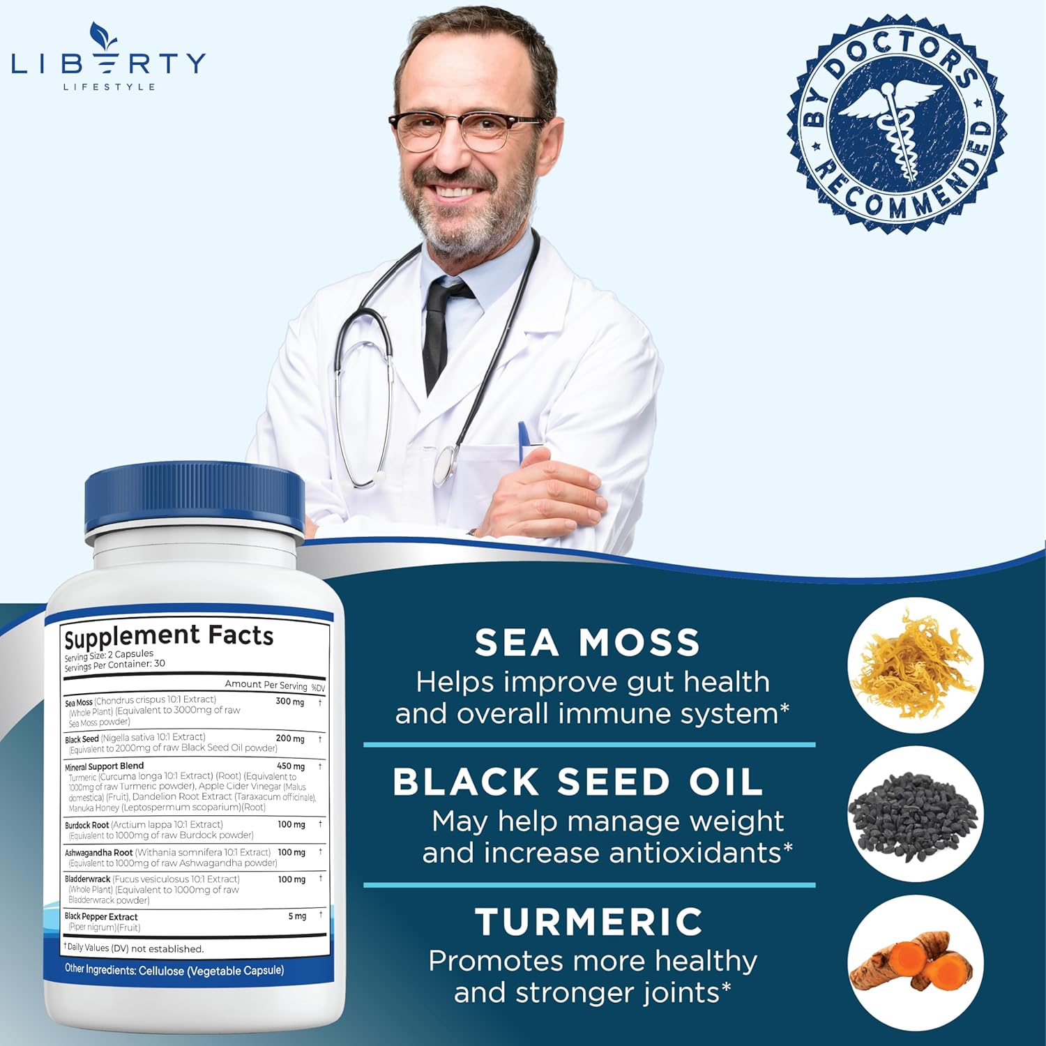 Sea Moss Black Seed Oil Ashwagandha Turmeric Bladderwrack Burdock - with Manuka, Honey Dandelion, ACV Black Pepper Gluten Free - 2-Pack