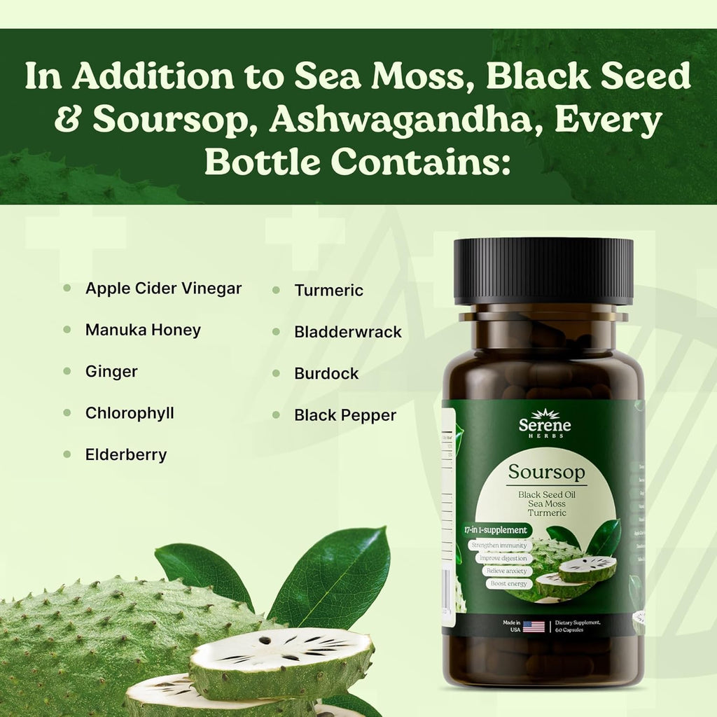 Sea Moss, Black Seed Oil 4000mg, Soursop 4000mg, Ashwagandha 2000mg, Turmeric, Bladderwrack, Burdock, Vitamin C & D3, Dandelion Root, Ginger- Herbal Supplement for Immune Support & Wellness(60 Count)