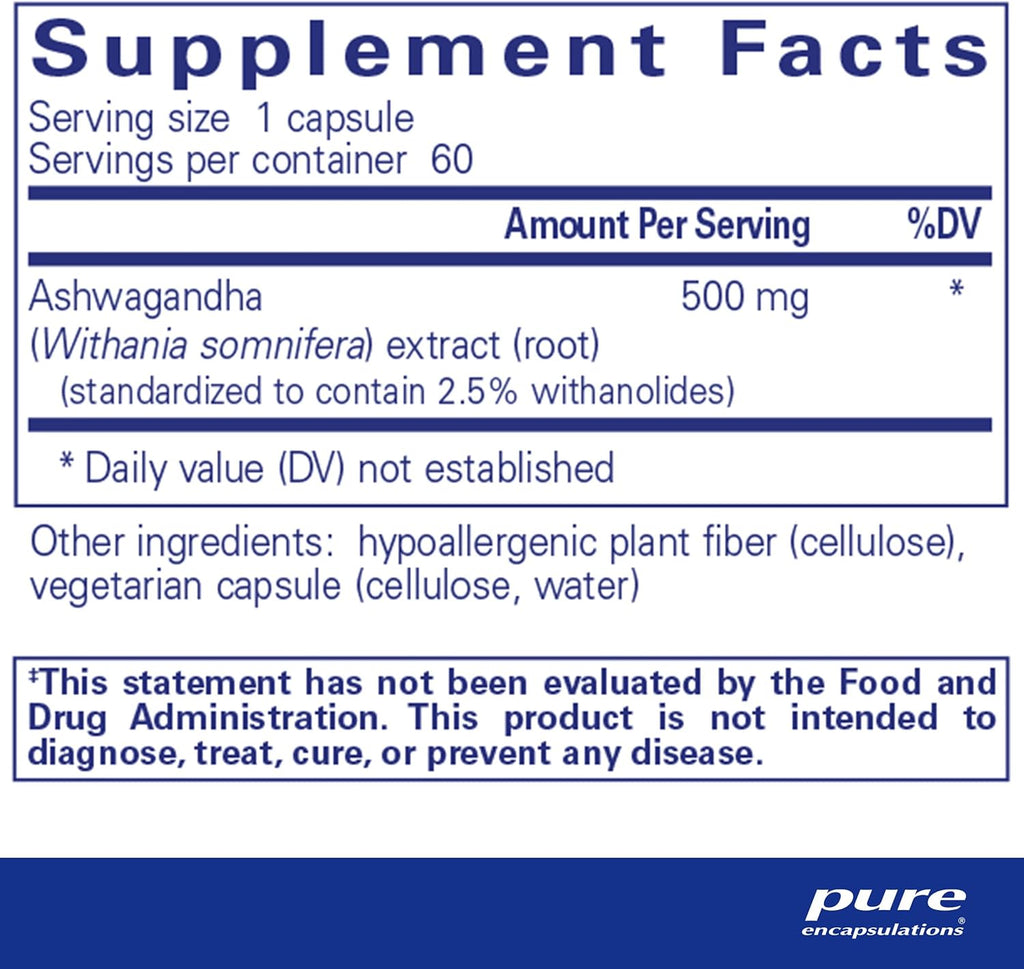 Pure Encapsulations Ashwagandha - 500 mg Ashwagandha Extract - Metabolism & Stress Support - Immune Support - GMO Free & Vegan - 60 Capsules