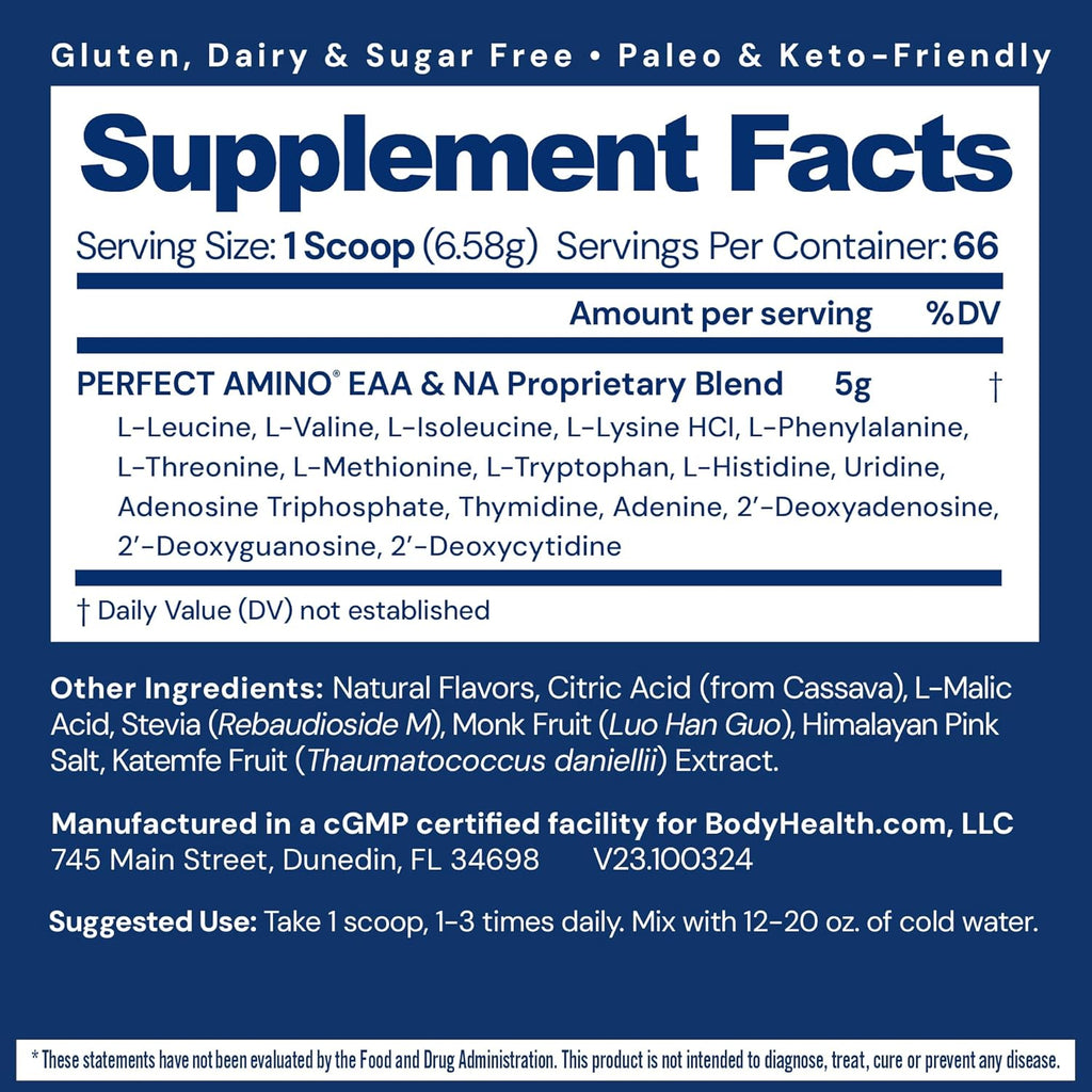BodyHealth PerfectAmino Powder - BCAA and EAA Powder for Pre and Post Workout - Amino Acid Energy Drink to Support Lean Muscle and Recovery - NSF Certified for Sport - Mixed Berry - 66 Servings