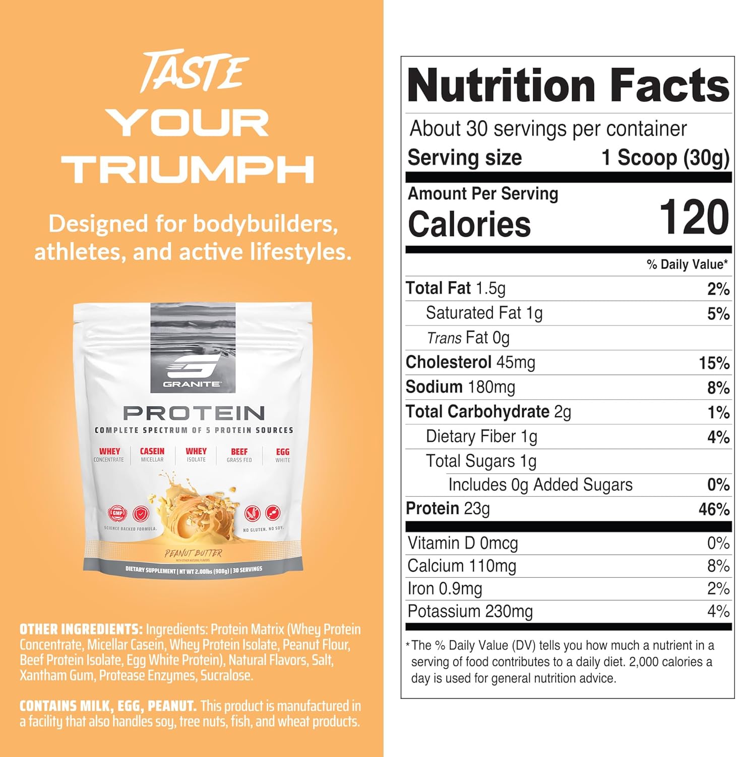 Granite Nutrition Protein Powder - Premium 5-Source Blend (Whey, Casein, Egg, Grass-Fed Beef) for Lean Muscle and Recovery - Peanut Butter Flavor, 30 Servings