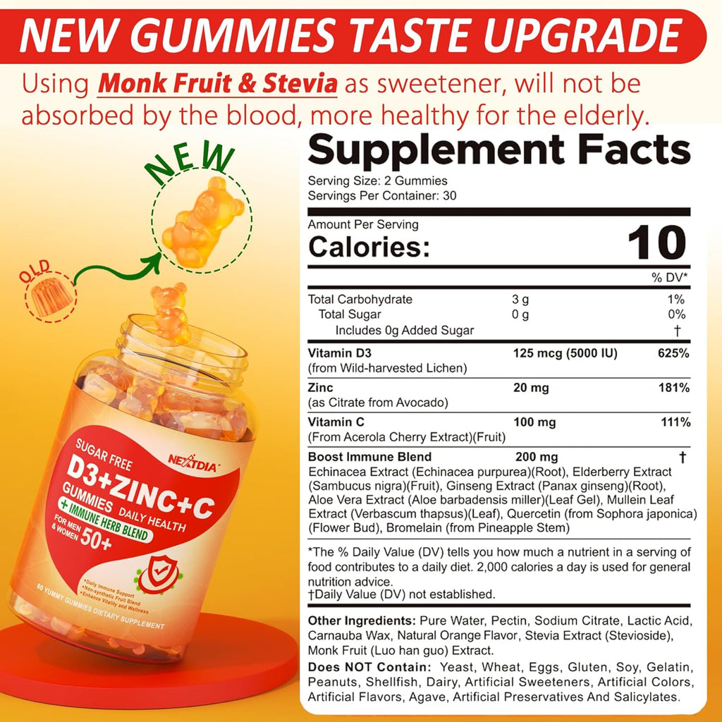 Sugar Free Vitamin C + D3 + Zinc Gummies for Adults 50 +, 9 in 1 Immune Defense Supplement with D3 5000IU, Elderberry, Echinacea, Mullein Leaf for Boost Immunity, Power Antioxidant, Vegan (Pack of 2)