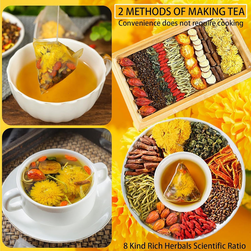 Goji Berry Chrysanthemum Tea, Kidney & Liver Detox Tea, Dandelion Wolfberry Chinese Chrysanthemunn Cassia Seed Tea Bags with Eight Herbal Ingredients (2Box/30 Bags)