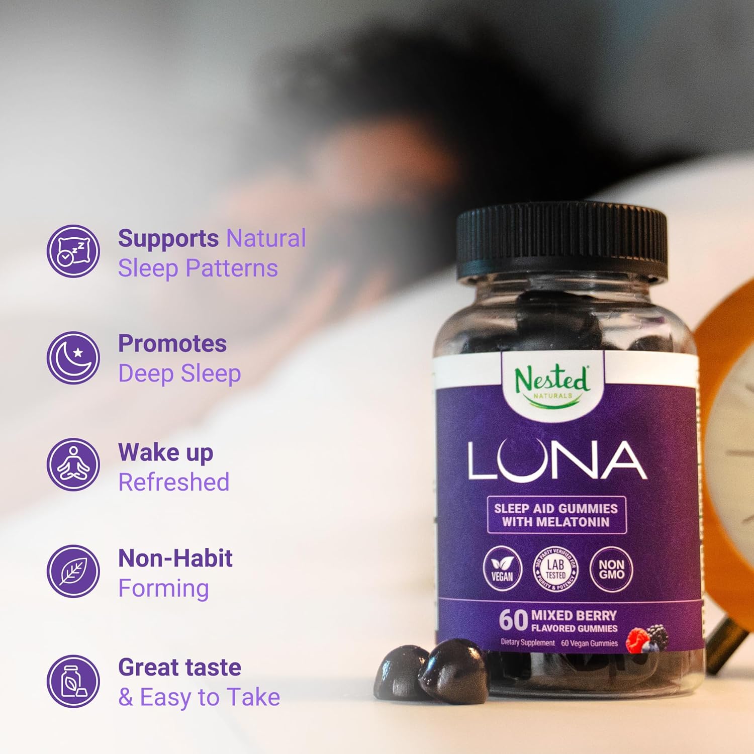 Nested Naturals Luna Sleep Gummies - Non-Habit Forming Melatonin Gummies 3mg with L-Theanine, Valerian Root, GABA, and Lemon Balm - Sleep Gummy for Adults - Mixed Berry, 60 Vegan Gummies