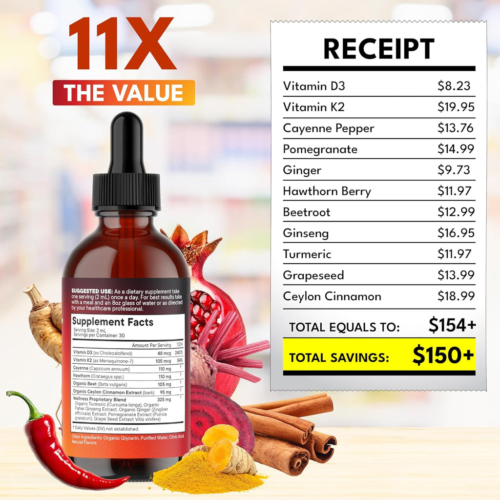 Cayenne Pepper Supplement Liquid Drops + Hawthorn Berry, Vitamin D3 K2 Beet Root Powder, Ceylon Cinnamon, Turmeric Curcumin, Organic Panax Ginseng - 8 oz