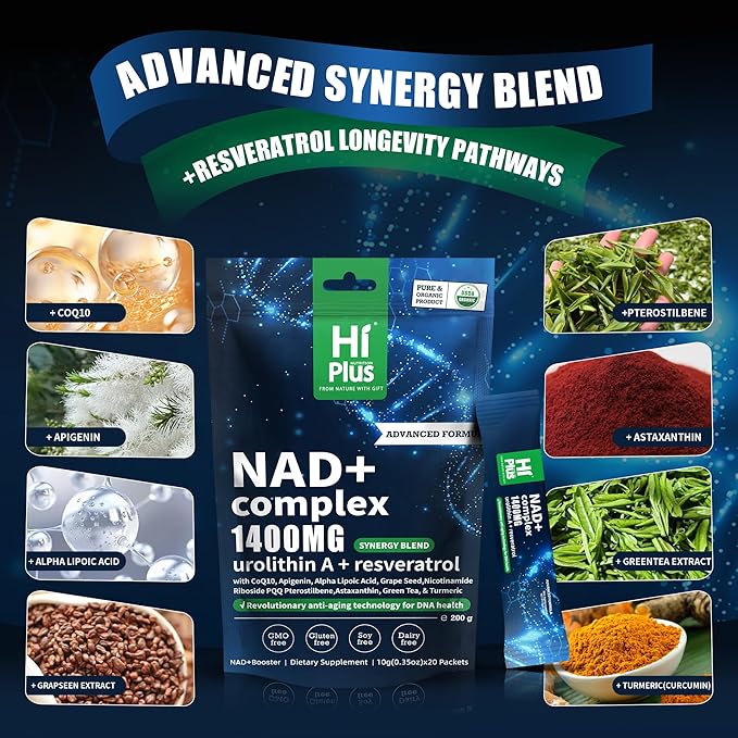 1400mg NAD+ Liquid Supplement for Anti Aging and Cell Regeneration, Urolithin A, Premium Alternative Liposomal, Nicotinamide Riboside with Resveratrol, PQQ & CoQ10 - Advanced Cellular Energy, 20 Pack