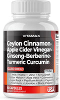 Ceylon Cinnamon, Apple Cider Vinegar, Turmeric - Gluco Health Support - Panax Ginseng, Berberine, Bitter Melon Milk Thistle Fenugreek - Non GMO – Made in USA – 60ct