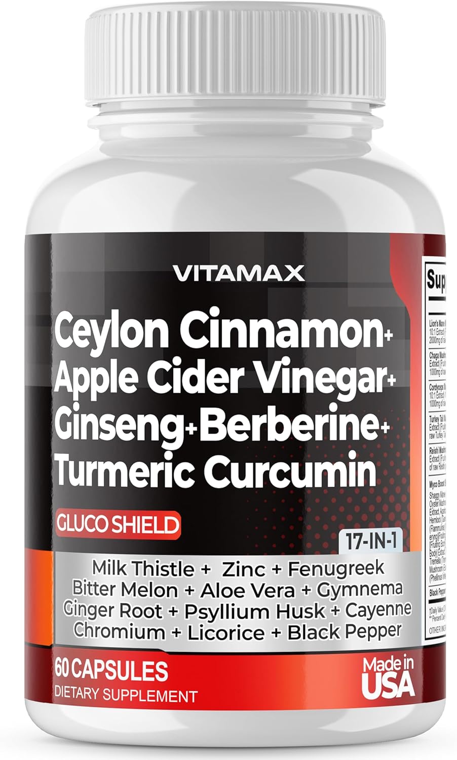 Ceylon Cinnamon, Apple Cider Vinegar, Turmeric - Gluco Health Support - Panax Ginseng, Berberine, Bitter Melon Milk Thistle Fenugreek - Non GMO – Made in USA – 60ct