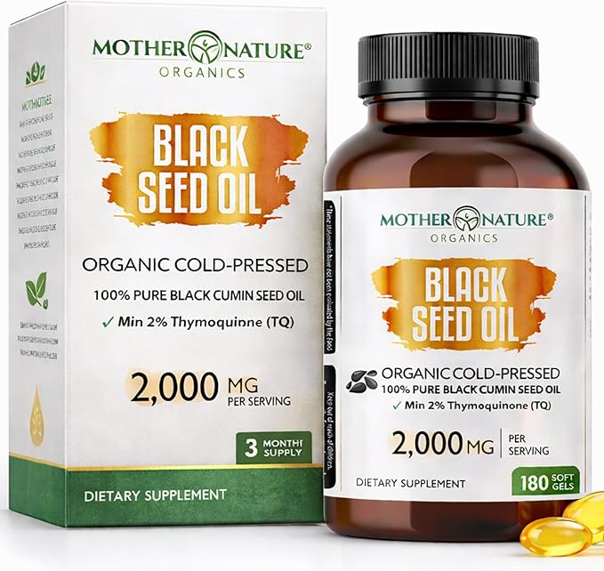 Mother Nature - Organic Black Seed Oil Capsules, 3 Month Supply, Cold Pressed, High TQ, 100% Turkish, Black Cumin Nigella Sativa Oil for Immune Support, Joint, Digestive Health,1000mg Capsule, 180ct